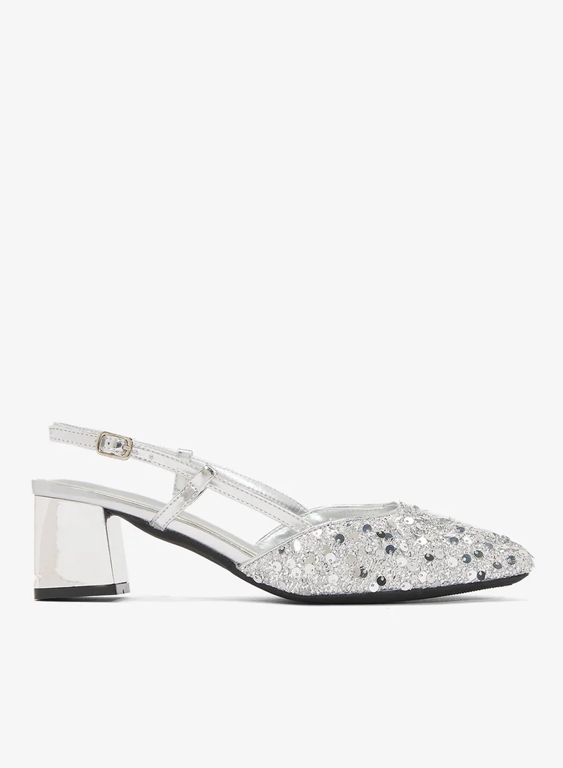 Ella Limited Edition Silver Sequin Detail Sling Back Kitten Block Heel Pumps