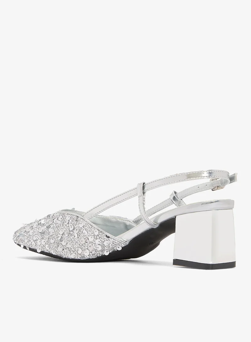 Ella Limited Edition Silver Sequin Detail Sling Back Kitten Block Heel Pumps