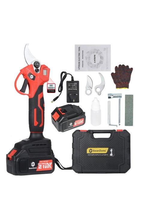Cordless Pruning Shears, Electric Pruner with 2PCS Batteries, Tool Box, 2PCS Replacement Cutting Blades, 25 and 30mm Cutting Diameter, LCD Display Screen, Red Color