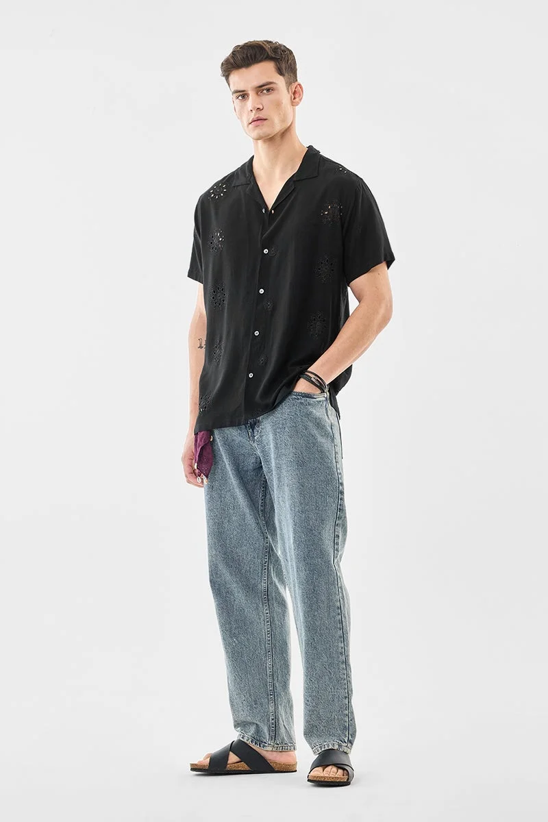 سنيتش Black Embroidered Half Sleeve Boxy Shirt