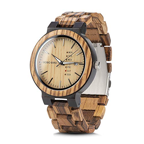 BOBO BIRD Mens Wooden Watch Analog Quartz with Week Display Lightweight Handmade Wood Wrist Watch for Men (Brown Dial) - Image 1
