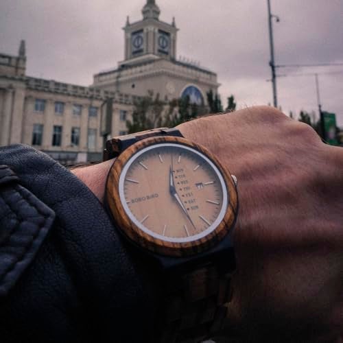 BOBO BIRD Mens Wooden Watch Analog Quartz with Week Display Lightweight Handmade Wood Wrist Watch for Men (Brown Dial) - Image 4