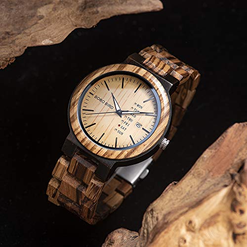 BOBO BIRD Mens Wooden Watch Analog Quartz with Week Display Lightweight Handmade Wood Wrist Watch for Men (Brown Dial) - Image 2