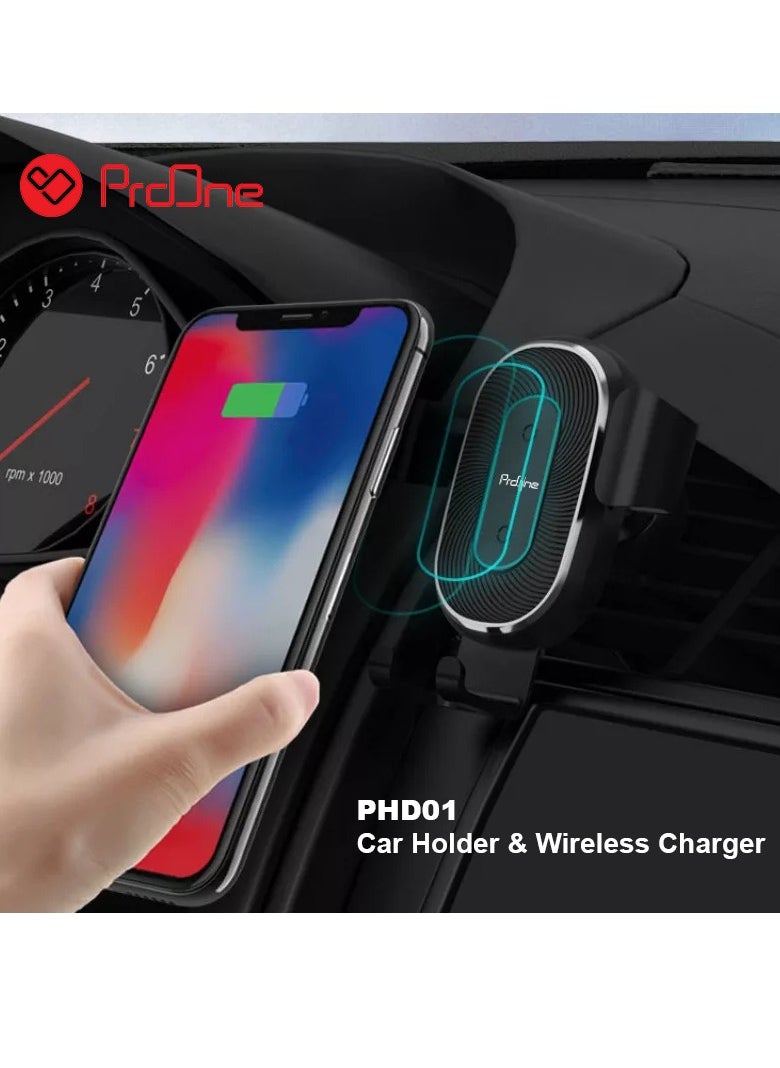 ProOne - ProOne PHL1115 Universal Car Dashboard Phone Holder Wireless Car Charger With Air vent Clip , 10W wireless quick  Charging Automatic locking Single hand Operation Dashboard Cell Phone - Image 1