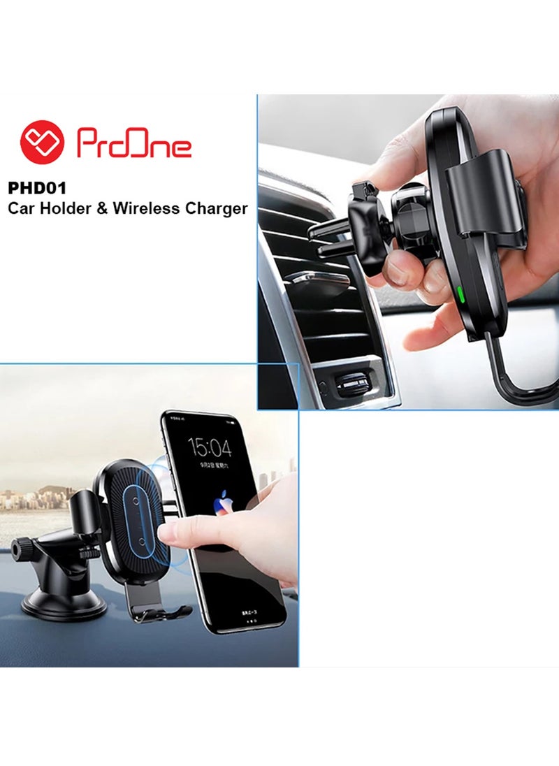 ProOne - ProOne PHL1115 Universal Car Dashboard Phone Holder Wireless Car Charger With Air vent Clip , 10W wireless quick  Charging Automatic locking Single hand Operation Dashboard Cell Phone - Image 1