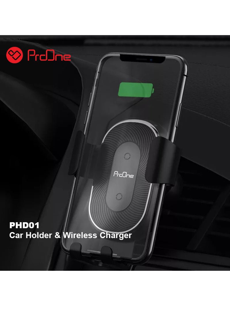 ProOne - ProOne PHL1115 Universal Car Dashboard Phone Holder Wireless Car Charger With Air vent Clip , 10W wireless quick  Charging Automatic locking Single hand Operation Dashboard Cell Phone - Image 1