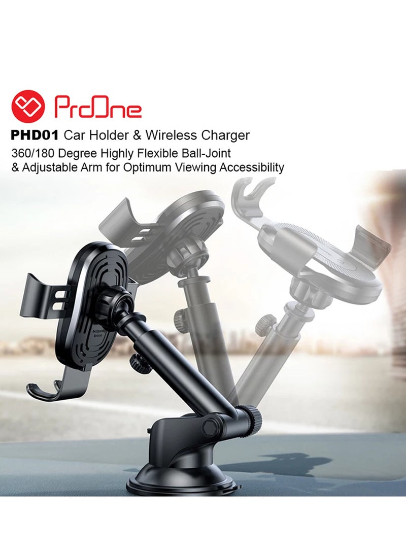 ProOne - ProOne PHL1115 Universal Car Dashboard Phone Holder Wireless Car Charger With Air vent Clip , 10W wireless quick  Charging Automatic locking Single hand Operation Dashboard Cell Phone - Image 1