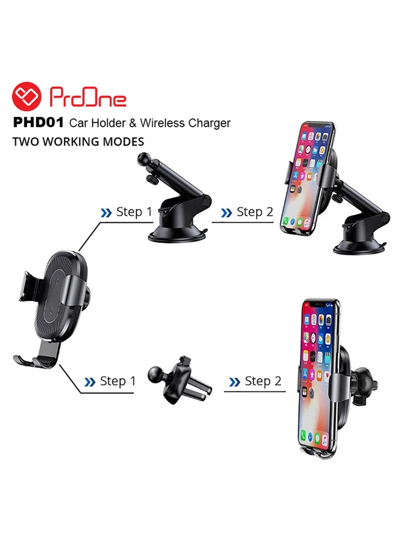 ProOne - ProOne PHL1115 Universal Car Dashboard Phone Holder Wireless Car Charger With Air vent Clip , 10W wireless quick  Charging Automatic locking Single hand Operation Dashboard Cell Phone - Image 1