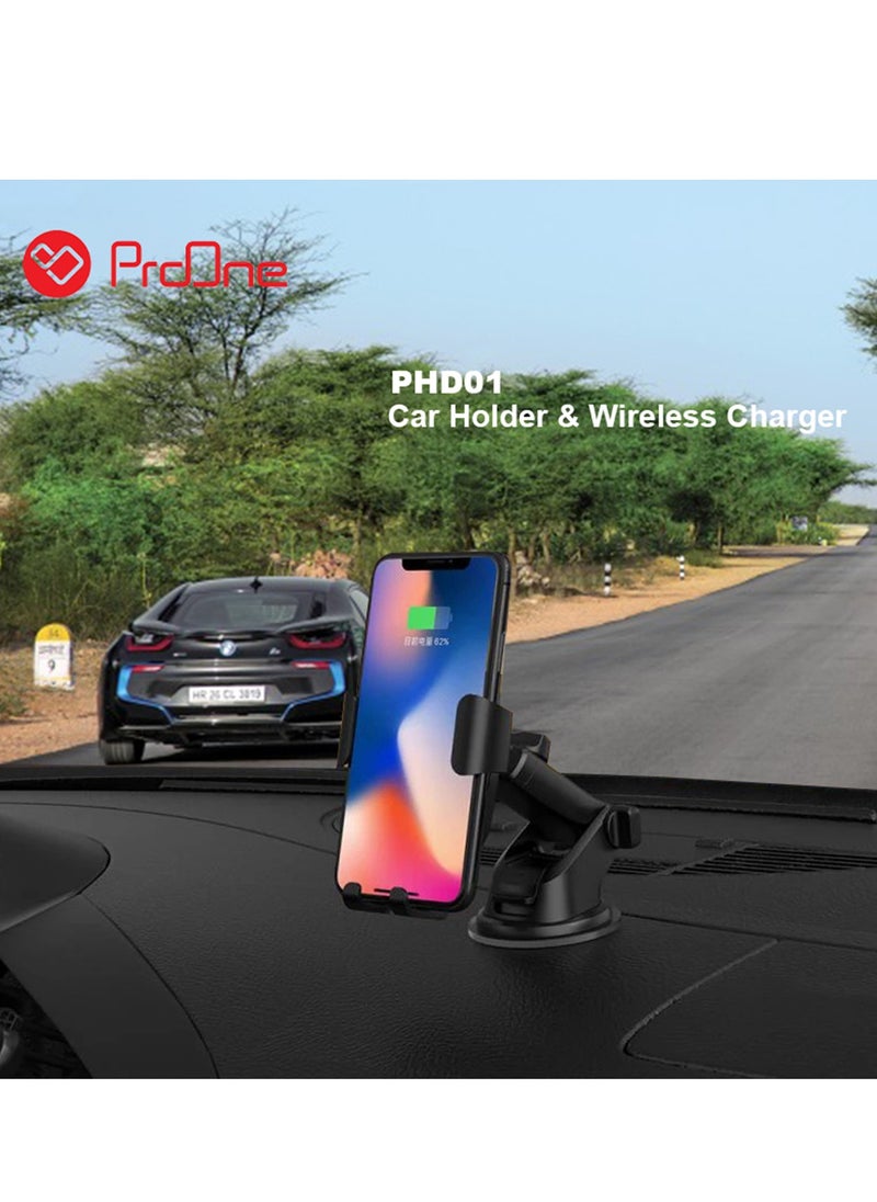 ProOne - ProOne PHL1115 Universal Car Dashboard Phone Holder Wireless Car Charger With Air vent Clip , 10W wireless quick  Charging Automatic locking Single hand Operation Dashboard Cell Phone - Image 1