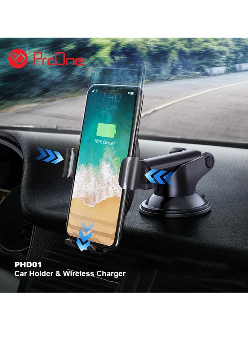 ProOne - ProOne PHL1115 Universal Car Dashboard Phone Holder Wireless Car Charger With Air vent Clip , 10W wireless quick  Charging Automatic locking Single hand Operation Dashboard Cell Phone - Image 1