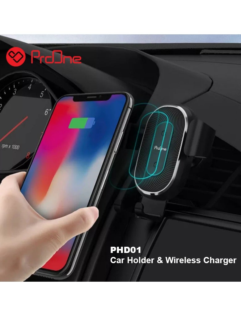 ProOne PHL1115 Universal Car Dashboard Phone Holder Wireless Car Charger With Air vent Clip , 10W wireless quick  Charging Automatic locking Single hand Operation Dashboard Cell Phone - Image 2