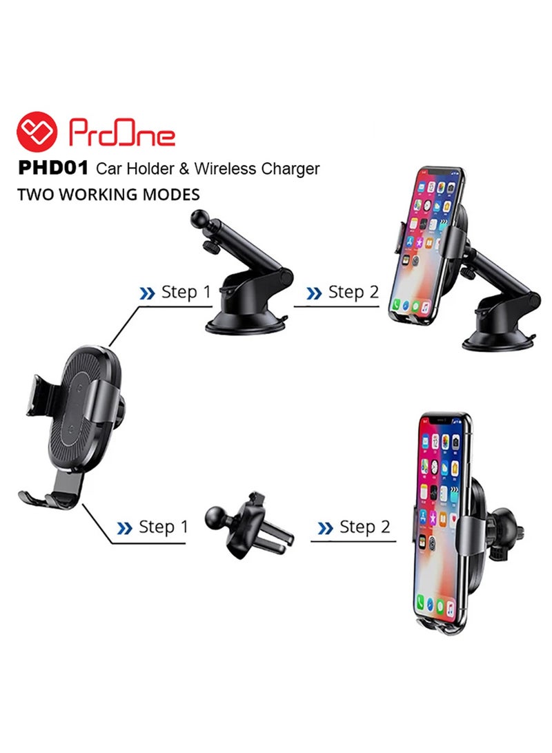 ProOne PHL1115 Universal Car Dashboard Phone Holder Wireless Car Charger With Air vent Clip , 10W wireless quick  Charging Automatic locking Single hand Operation Dashboard Cell Phone - Image 4