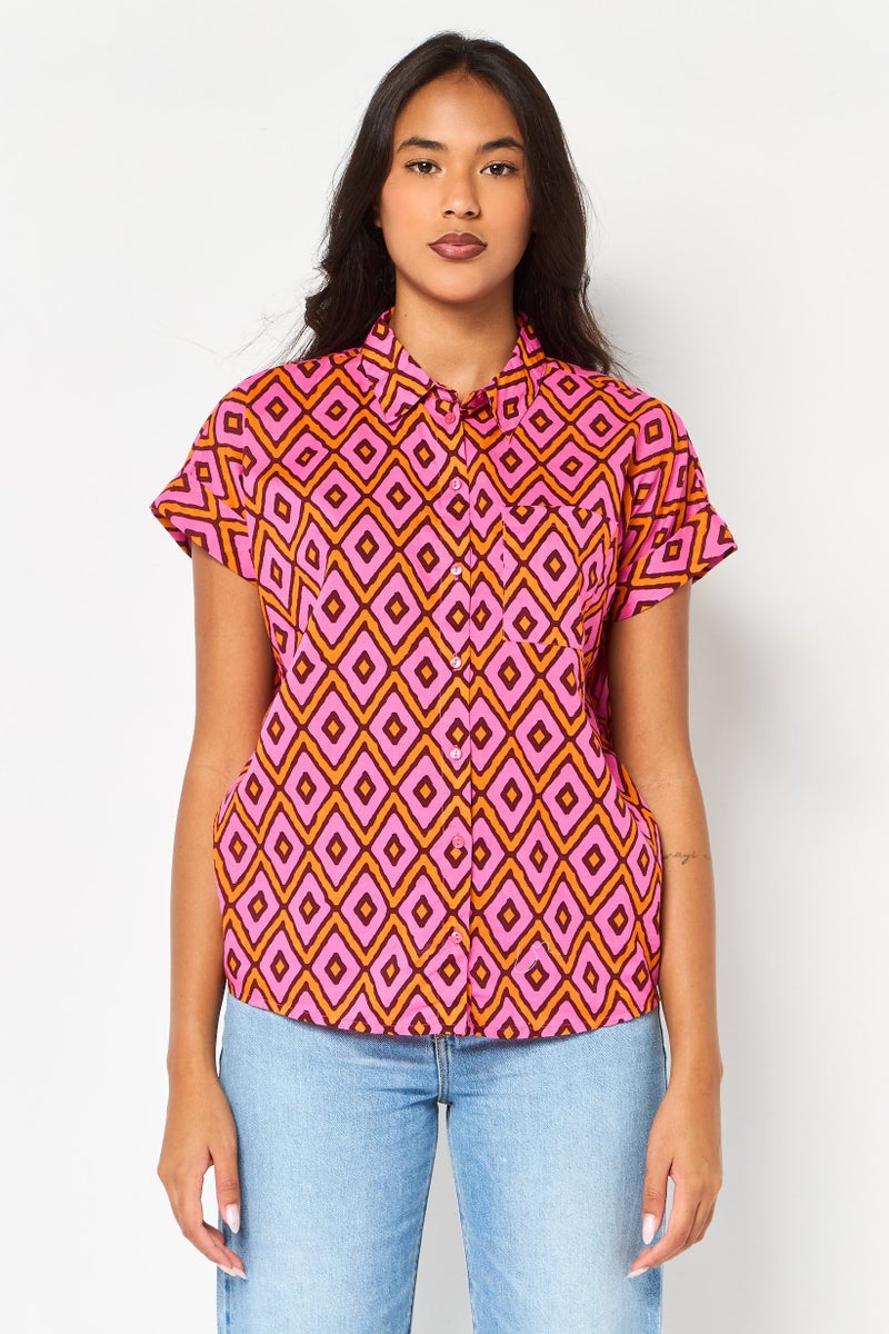 promod Women Spread Collar Short Sleeve Abstract Pattern Shirt, Multicolor - Image 1