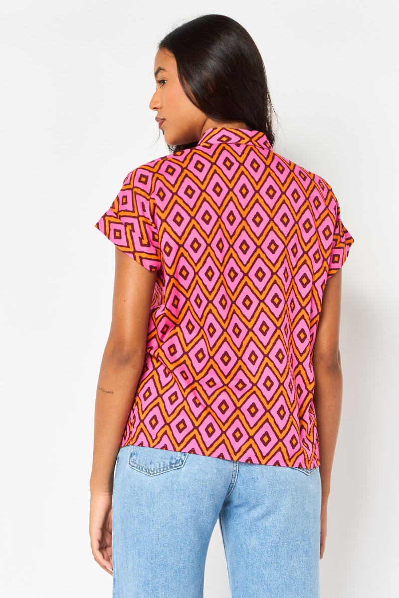 promod Women Spread Collar Short Sleeve Abstract Pattern Shirt, Multicolor - Image 3