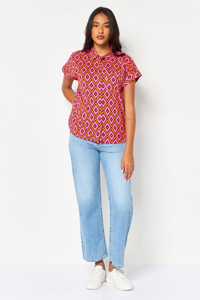 promod Women Spread Collar Short Sleeve Abstract Pattern Shirt, Multicolor - Image 4