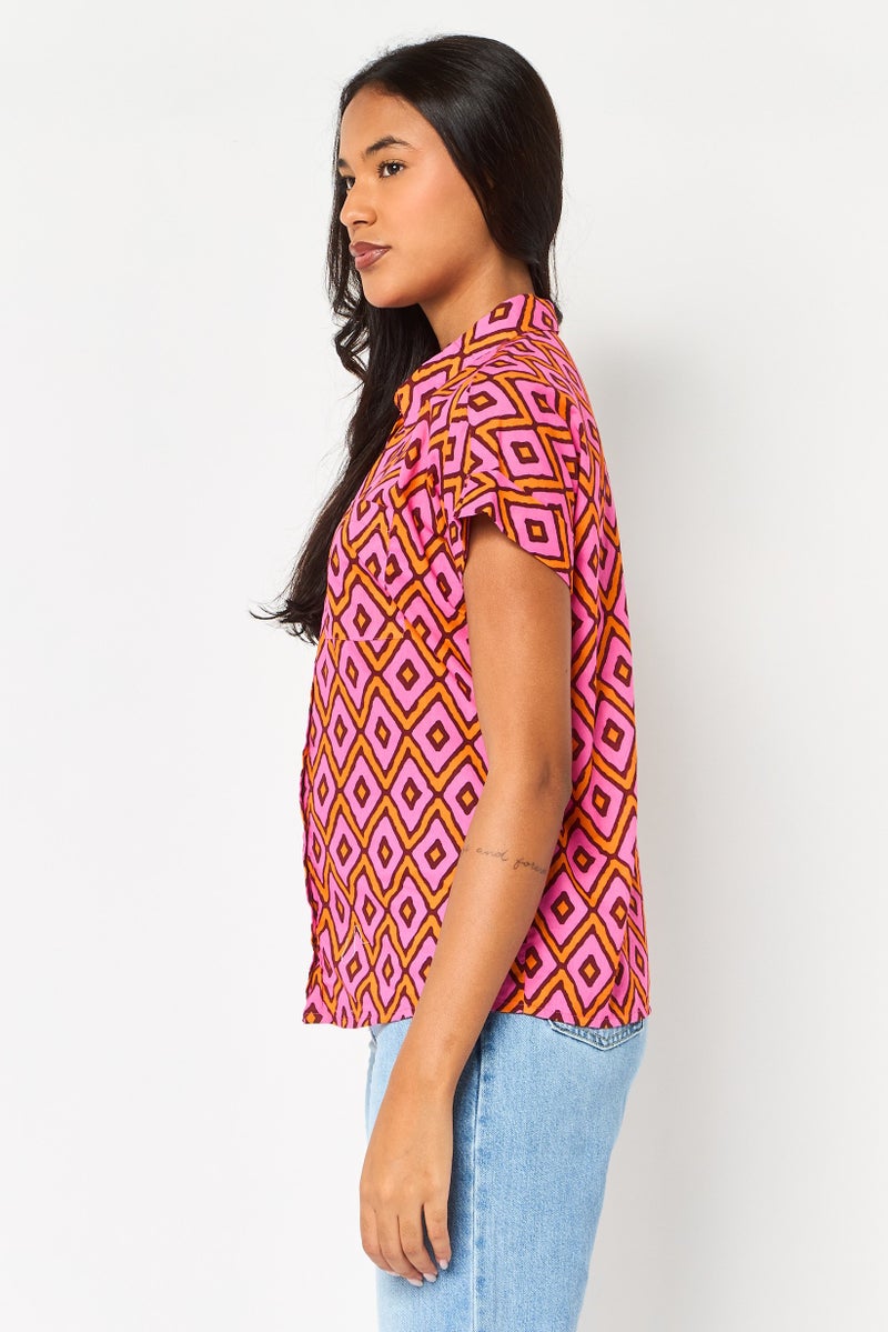 promod Women Spread Collar Short Sleeve Abstract Pattern Shirt, Multicolor - Image 2