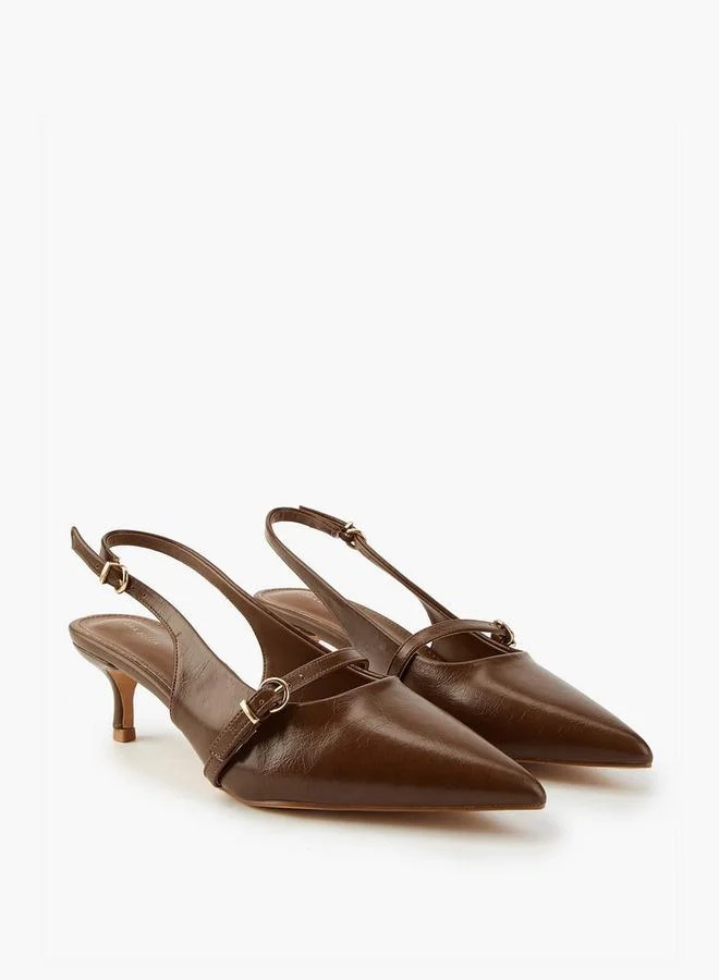 Solid Pointed Toe Shoes with Buckle Closure and Kitten Heels