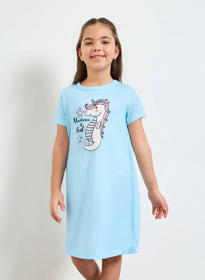 Styli Girls Light Blue Unicorn Print Short Sleeves Nightdress
