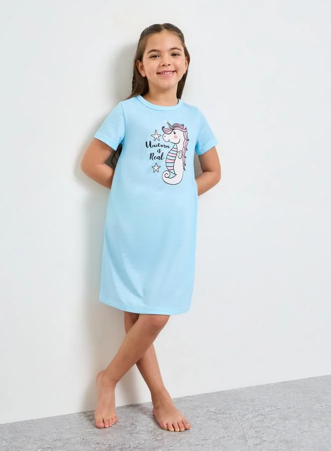 Styli Girls Light Blue Unicorn Print Short Sleeves Nightdress