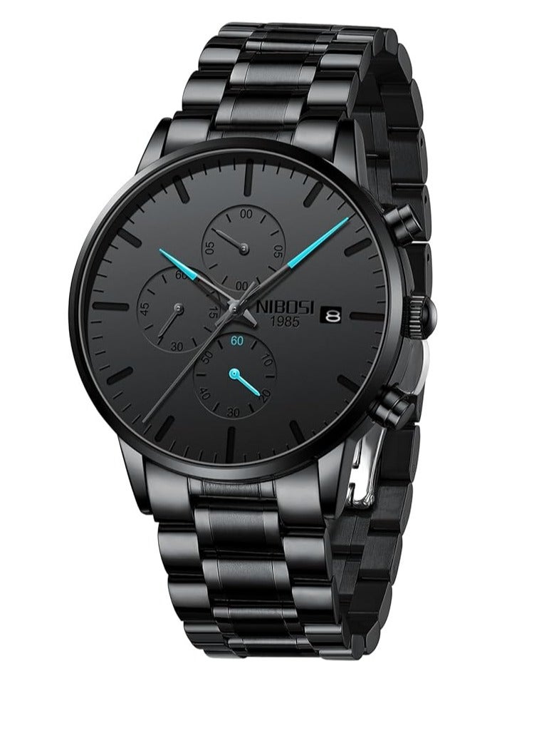 NIBOSI ساعات رجالية أنالوج مينيماليست بقرص أسود ساعات للرجال كرونوغراف كاجوال ساعات معصم بحزام من الفولاذ المقاوم للصدأ تاريخ - Image 1