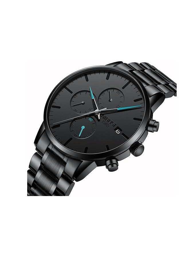 NIBOSI ساعات رجالية أنالوج مينيماليست بقرص أسود ساعات للرجال كرونوغراف كاجوال ساعات معصم بحزام من الفولاذ المقاوم للصدأ تاريخ - Image 2