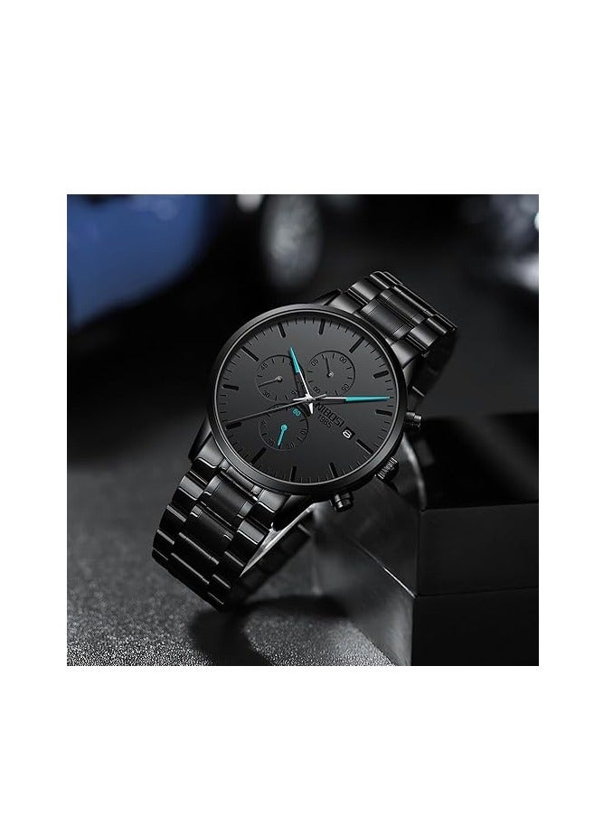 NIBOSI ساعات رجالية أنالوج مينيماليست بقرص أسود ساعات للرجال كرونوغراف كاجوال ساعات معصم بحزام من الفولاذ المقاوم للصدأ تاريخ - Image 4