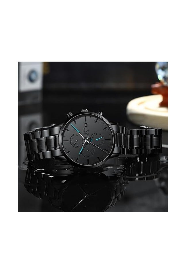 NIBOSI ساعات رجالية أنالوج مينيماليست بقرص أسود ساعات للرجال كرونوغراف كاجوال ساعات معصم بحزام من الفولاذ المقاوم للصدأ تاريخ - Image 5