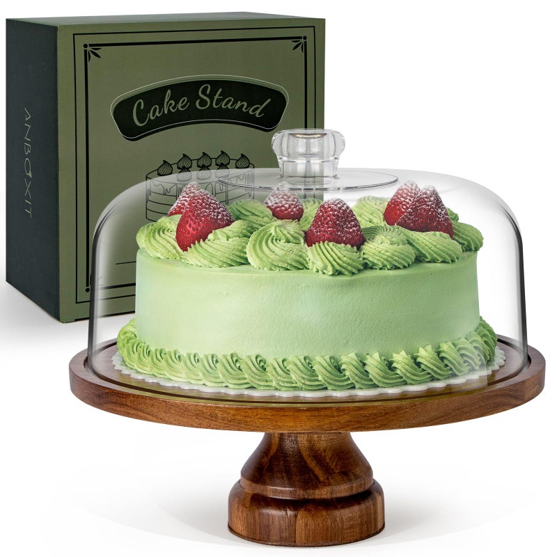 ANBOXIT Cake Stand with Dome Lid, Acacia Wood Cake Plate with Cover, Wooden Cake Display Stand with Acrylic Dome - Footed - Image 1