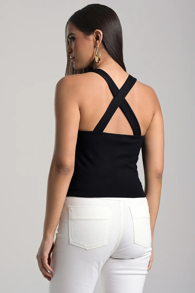 Carmen Steffens Black Top with Crossed Bust Detail