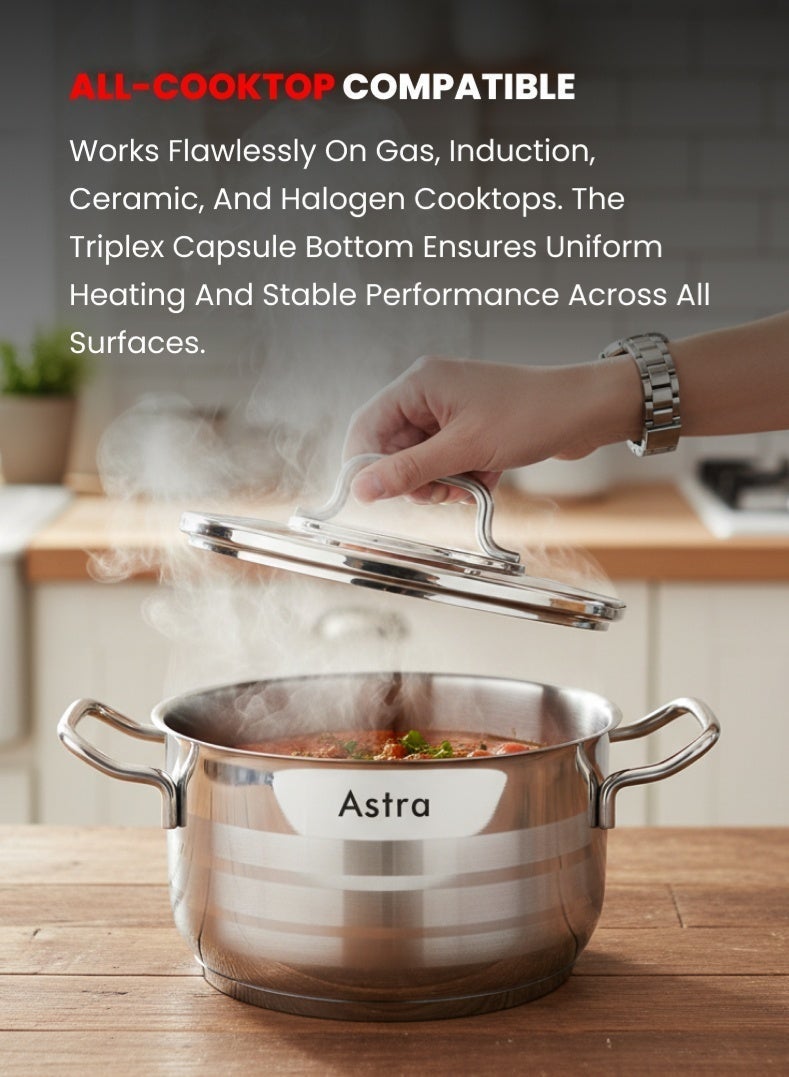 Astra Stainless Steel Casserole 22 cm | 4.6 L Capacity | 18/10 Premium Steel | Triplex Capsule Bottom | Induction & Gas Compatible | AS3022 - Image 1