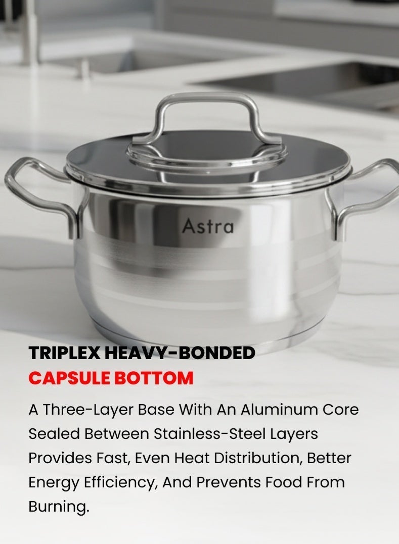 Astra Stainless Steel Casserole 22 cm | 4.6 L Capacity | 18/10 Premium Steel | Triplex Capsule Bottom | Induction & Gas Compatible | AS3022 - Image 2