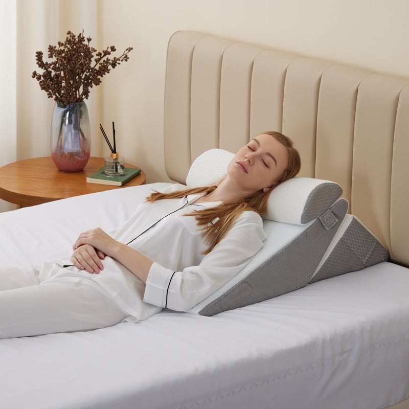 Bedluxe Wedge Pillow Headboard, Orthopedic Bed Wedge Pillow Set 3Pcs, Adjustable Pillow Wedge for Acid Reflux and Back Pain Relief, Folding Triangle Pillow for Sleeping with Knee Support, White/Grey - Image 5
