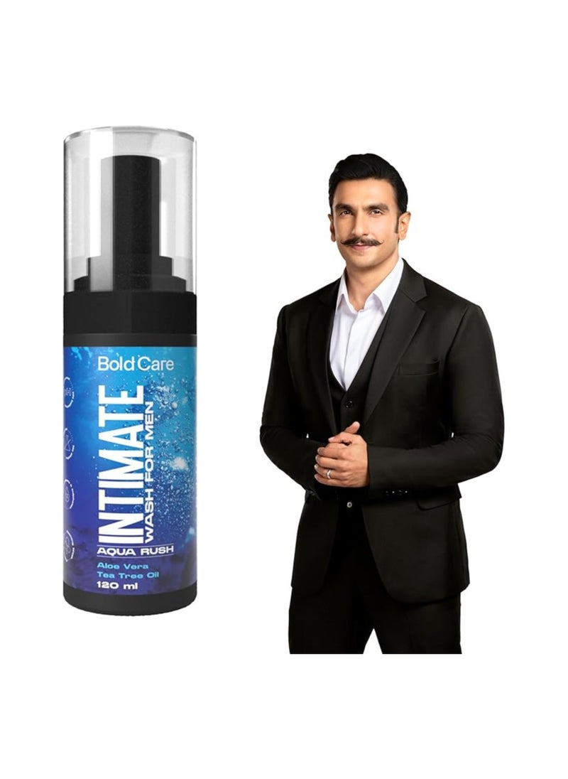 Bold Care Bold Care Aqua Rush Intimate Wash for Men with Tea Tree Oil and Aloe Vera Extract, Foaming Wash with pH Balanced, Prevents Itching, Irritation and Odor 120ml Blue  - Image 1