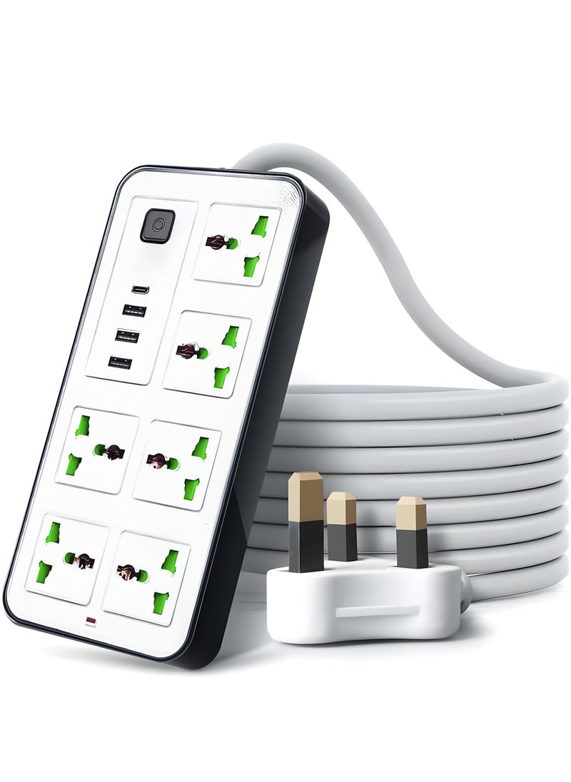 ماركيدون سلك تمديد لشريط الطاقة ومحطة شحن، 6 مجموعات، 3 منافذ USB، 1 من النوع C، 2 متر، 3 دبابيس بريطانية، واقي من زيادة التيار العالمي مع كابل بطول 2 متر، حل شحن فعال للمنزل والمكتب، أبيض  - Image 1