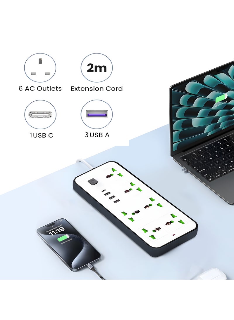 ماركيدون سلك تمديد لشريط الطاقة ومحطة شحن، 6 مجموعات، 3 منافذ USB، 1 من النوع C، 2 متر، 3 دبابيس بريطانية، واقي من زيادة التيار العالمي مع كابل بطول 2 متر، حل شحن فعال للمنزل والمكتب، أبيض  - Image 2