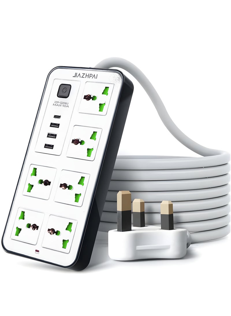 Extension Cord Power Strip Charging Station, 6 Gang 3 USB Port 1 Type-C, 2M UK 3 Pin, Universal Surge Protector with 2 Meter Cable, Efficient Charging Solution for Home & Office White - Image 1
