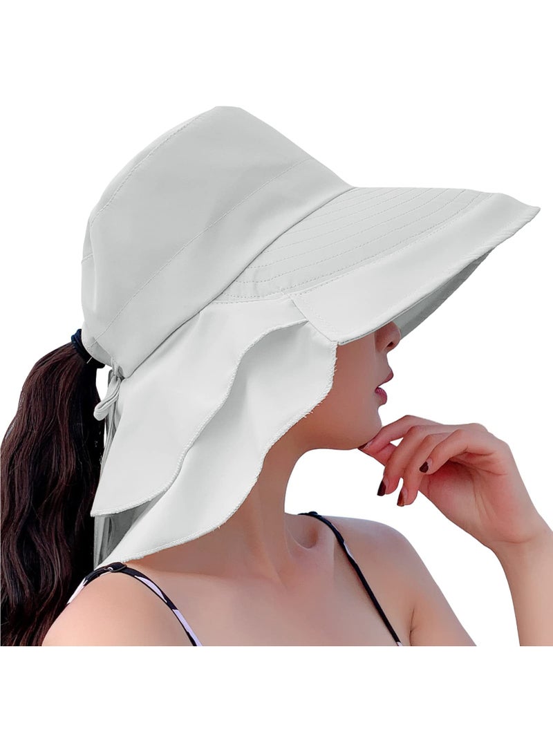 Women's Adjustable Sun Hat with Neck Flap - Wide Brim UV Protection Beach Visor for Outdoor Activities, Fishing, Hiking, and Travel - Light Gray Bucket Cap - Image 2