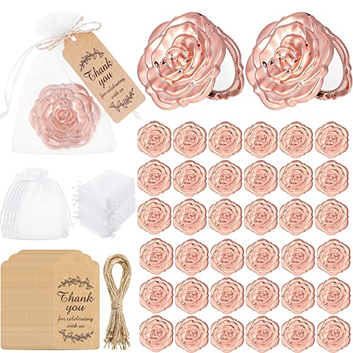 Woanger 36 Set Rose Compact Mirrors Bulk for Quinceanera, Sweet 16, Wedding Party Favors, Bridesmaid Gifts, Thank You Tags, White Organza Bags for Bridal Shower Bachelorette and Guest Gifts(Rose Gold) - Image 1