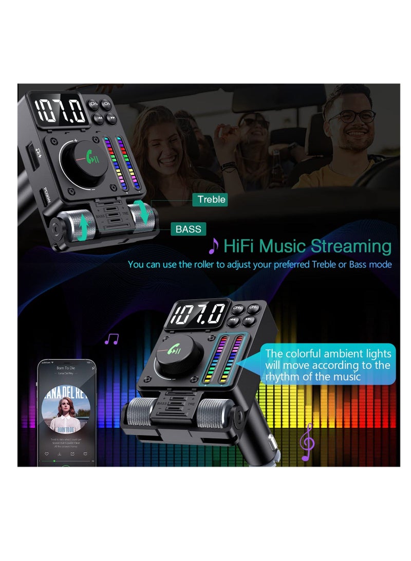 SYOSI Bluetooth 5.3 FM Transmitter for Car, 30W PD & QC3.0 Fast Car Charger, Wireless Radio Adapter, Supports Hands-Free Call, Larger LED Display, Adjustable Treble and Bass Sound Music Player - Image 5