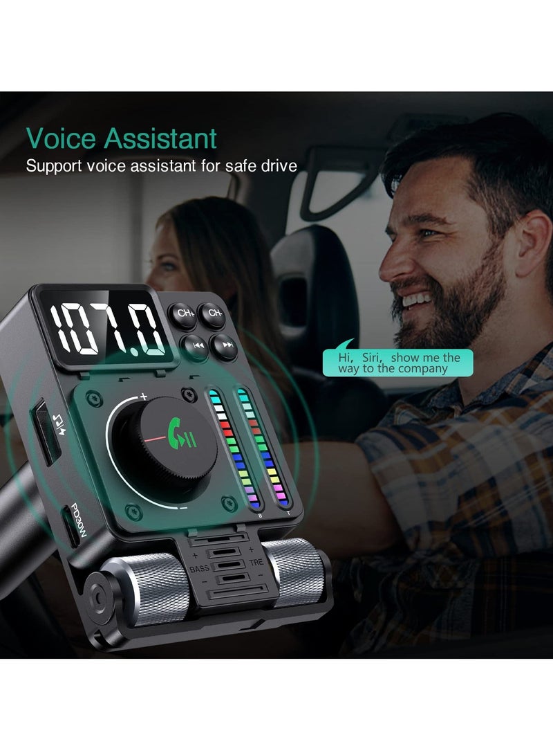 SYOSI Bluetooth 5.3 FM Transmitter for Car, 30W PD & QC3.0 Fast Car Charger, Wireless Radio Adapter, Supports Hands-Free Call, Larger LED Display, Adjustable Treble and Bass Sound Music Player - Image 3