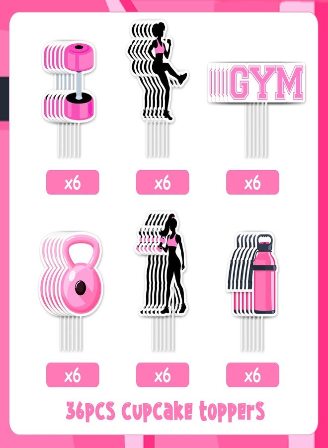 Fangleland 36PCS Gym Themed Cupcake Toppers for Girls Women, Pink Black Work Out Weight Cake Decorations, Weightlifting Equipment Cupcake Picks Birthday Bachelorette Party Supplies - Image 3