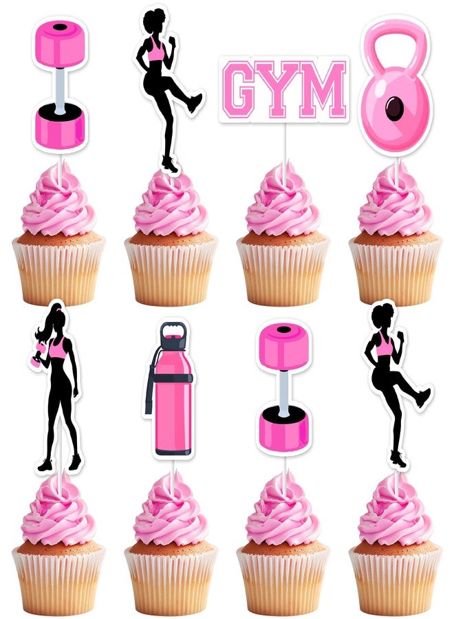 Fangleland 36PCS Gym Themed Cupcake Toppers for Girls Women, Pink Black Work Out Weight Cake Decorations, Weightlifting Equipment Cupcake Picks Birthday Bachelorette Party Supplies - Image 1