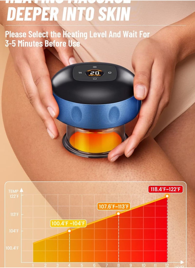 12 Level Electric Heat Cupping Device Wireless Intelligent Vacuum Scraping for Cellulite Reduction with Infrared Heat Rechargeable New Cupping Device Cellulite Massager Gua Sha Massage Tool Blue