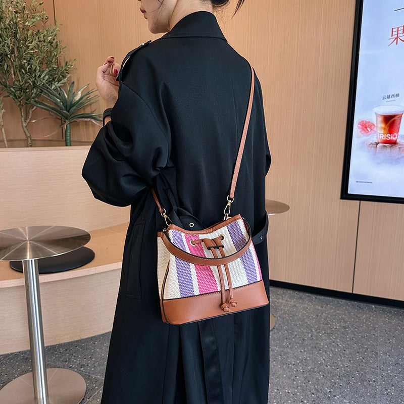 Large Capacity Women'S Bag 2023 Striped Patchwork Bucket Bag Korean Style Casual Shoulder Crossbody Bag Storage Canvas - Image 4