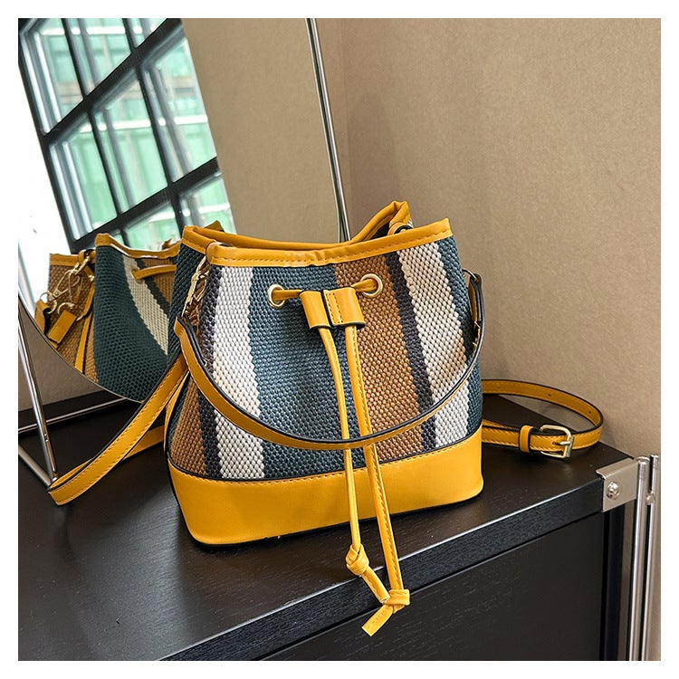 Large Capacity Women'S Bag 2023 Striped Patchwork Bucket Bag Korean Style Casual Shoulder Crossbody Bag Storage Canvas - Image 1