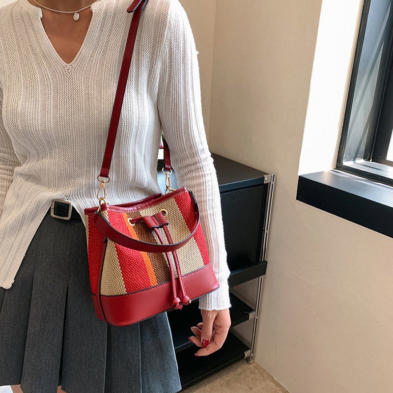 Large Capacity Women'S Bag 2023 Striped Patchwork Bucket Bag Korean Style Casual Shoulder Crossbody Bag Storage Canvas - Image 3