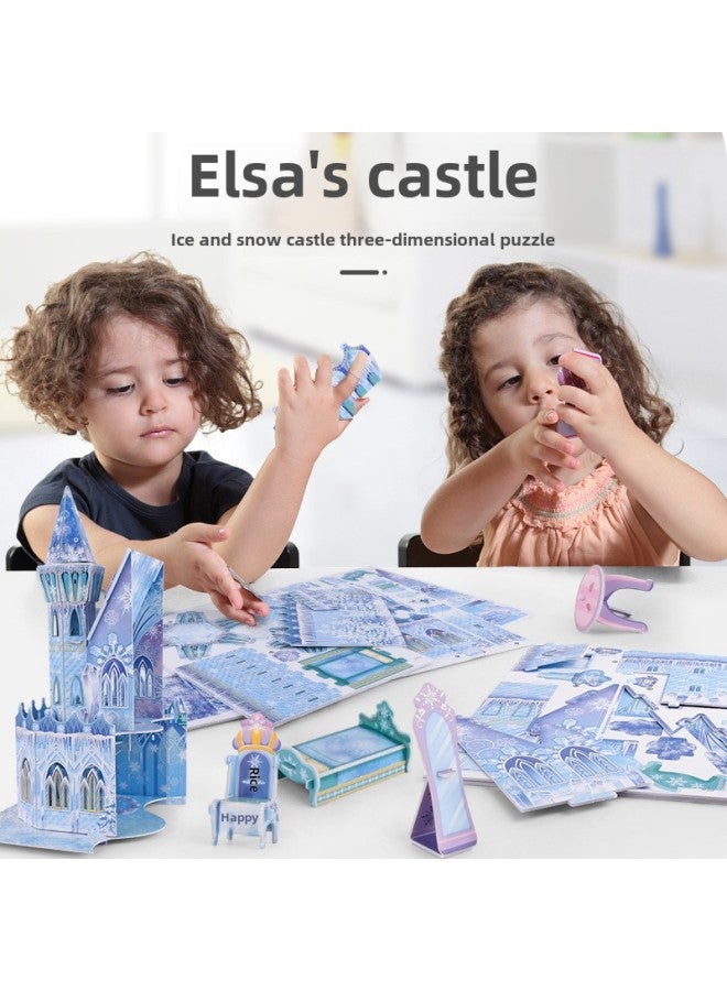 أحجية الصور المقطوعة ثلاثية الأبعاد قلعة الثلج والثلج ثلاثية الأبعاد للأطفال والبنات نموذج ألعاب مجمعة للفتيات مع كوخ للفتح والإغلاق 66 هدية - اللون: قلعة أحجية الثلج والثلج - Image 4