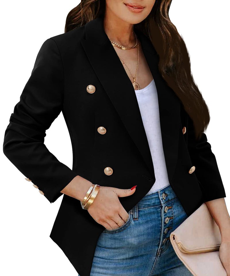 CRAZY GRID Womens Double Breasted Blazer Open Front Business Casual Blazer Jackets Dressy Long Sleeve Suit Jacket Lapel Gold Button Ladies Work Office Blazer Black Small - Image 1
