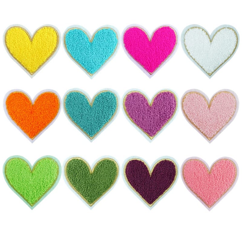 SaktopDeco 12 PCS Heart Iron On Patch Chenille Patches Embroidery Patch Sew On Patches for Jackets Jeans Hats Bags Clothes