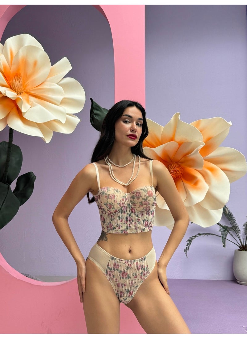 Cansoy - Glittery Floral Patterned Padded Ten Bustier Set (682T) - Image 1